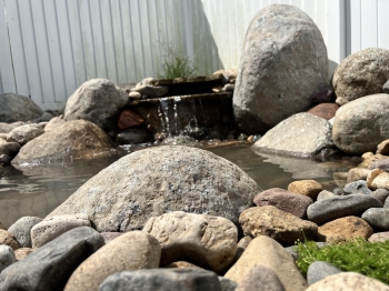 Small things can add dramatic effects. This small waterfall and pond spread the sound of water throughout the entire backyard giving a great everyday retreat.