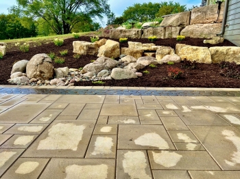 Beautiful landscaping beds around patio area overlooking horse pasture and native field. 